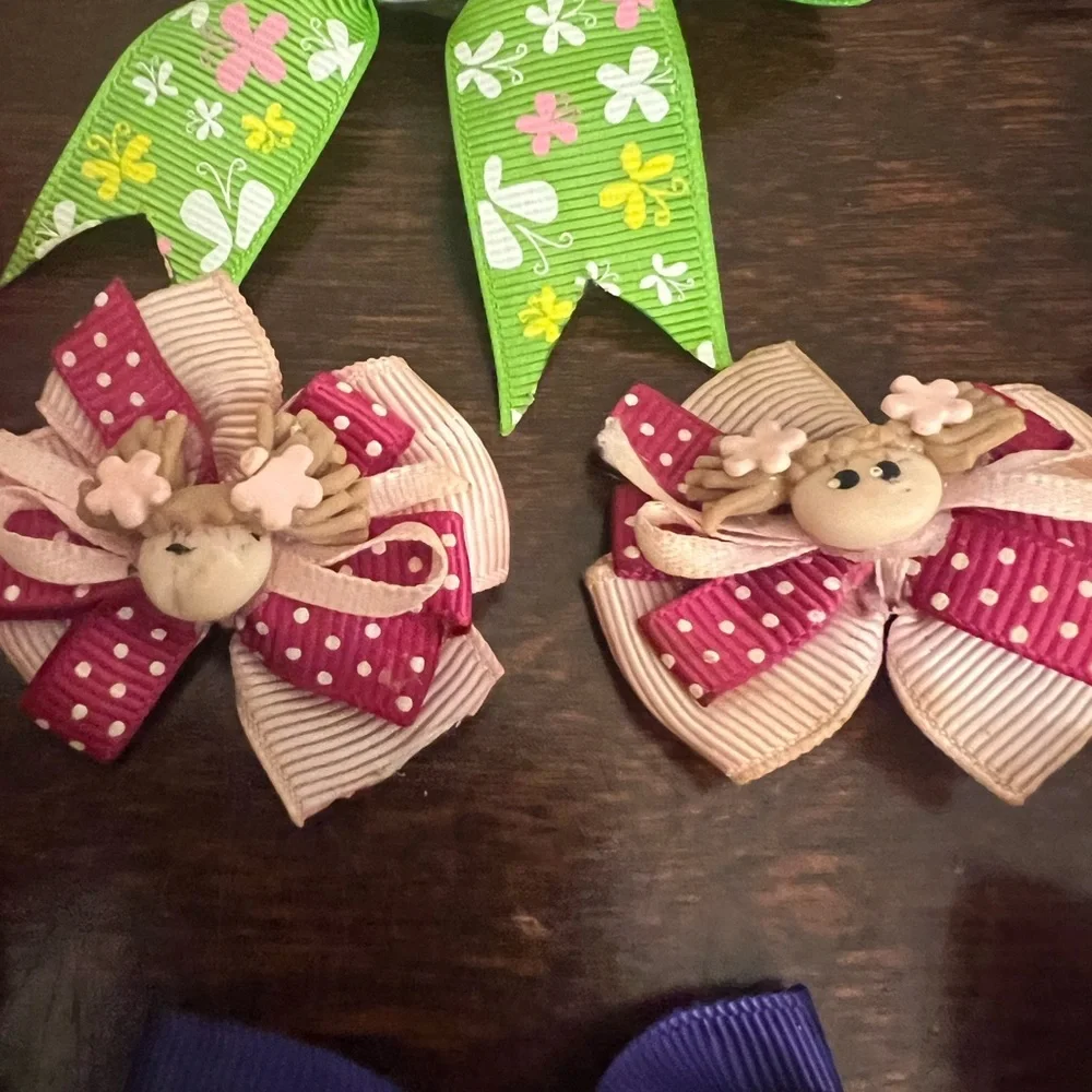 Vtg Handmade Hair Bows Lot Of 12 Assorted Shapes Prints Ribbon Alligator Clips